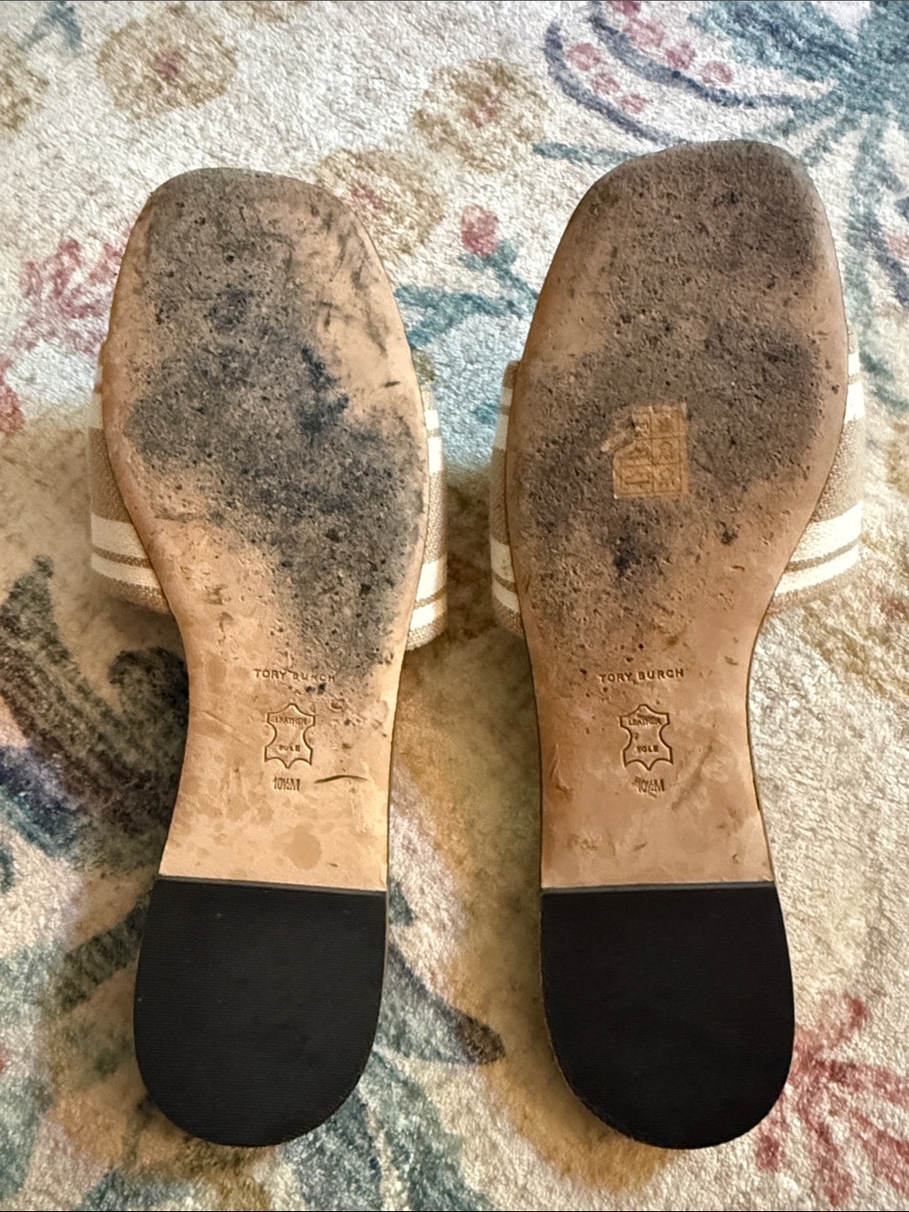 Tory Burch Tan and Cream Canvas Logo Slide Sandals - Picture 2 of 3